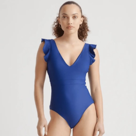 Quince Women's Italian Ruffle Shoulder One-Piece Swimsuit sz 4 S Navy Blue NWT - Picture 8 of 8
